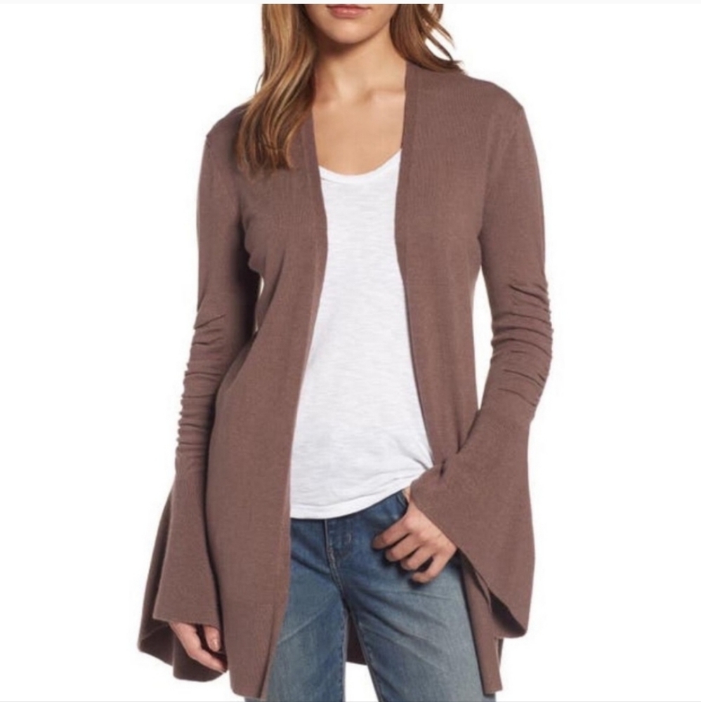 Hinge Bell Sleeve Brown Cardigan Ruched Bohemian Nordstrom Size Medium Sweater